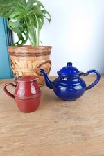 Antique Dinette Duo - Enameled Metal Milk Pot & Teapot