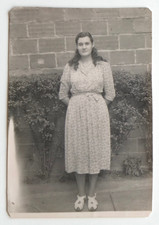 Young woman dress poses white sandals - old photo snapshot