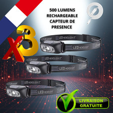 Lot x3 Lampes Frontale LED 500 Lumens Capteur De Mouvement USB Rechargeable