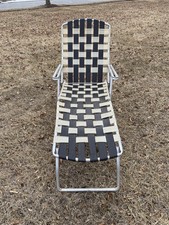MCM Vtg Aluminum Webbed Chaise Tri-Fold Lawn Lounge Chair Brown/ Beige ?