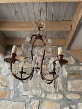 Lustre ancien en bronze à pampilles de cristal dit lustre cage 4 lumières
