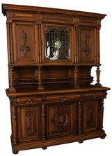 Antique French Henry II Buffet with Stained Glass