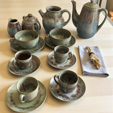 Art Deco Denbac Flamed Sandstone Service Signed 10pcs Saint-Clément France