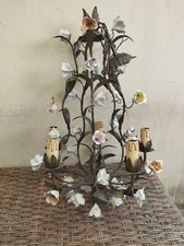 Metal chandelier 4 lights flowers porcelain. Vintage.