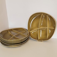 8 Vintage Salins Khaki Earthenware Fondue Plates