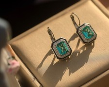 Boucles d'Oreilles Dormeuses Argenté Rectangle Serti CZ Vert Art Deco EH5