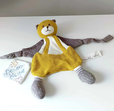 Doudou Plat/Mouchoir Chat/Ours Gris Jaune Moutarde Blanc Pois - Bukowski Natural