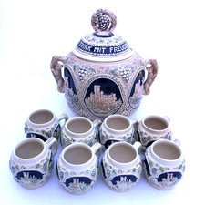 Gerz Rumtopf Punch Bowl Tureen with 8 Mugs Castle Stoneware Germany Vtg 1950s