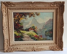 antique painting oil on canvas mountainous lake landscape 48x39cm signed Vernon