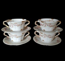 Set 4 Theodore Haviland Limoges France Teacup Saucer Double Handle Pink Cup Soup