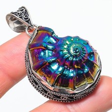 Pendentif pierre précieuse fossile ammolite fait main beau bijou vintage 2,3"...