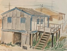 Belle peinture Gouache Papier 1960 paysage Maison Chalet Graissan  Ancien Plage