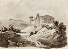 Antique drawing, walker near a castle, brown ink wash, 19th century