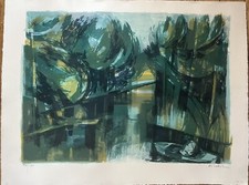 En barque au bord du canal - Camille Hilaire - Lithographie signée numérotée