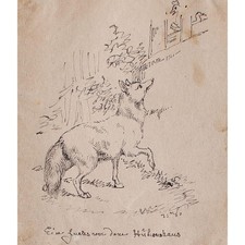 Joseph Simon Volmar Fox in Front of Chicken Coop Signed Unique Ink Drawing 1840