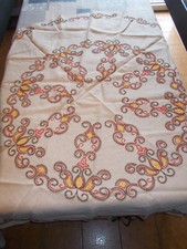 Antique white linen tablecloth hand embroidered geometric shapes red yellow round Ø 150cm