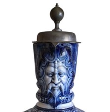 Antique KPM Porcelain 16.5" Blue Glaze Stoneware & Pewter Bartmann Face Jug 