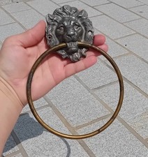 OLD LION HEAD towel rail ring, white metal and brass