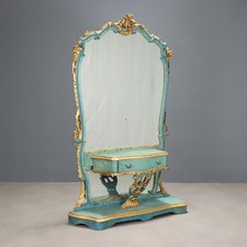 Console Ancien avec Miroir Bois Gravé Tiroir Italie XXe Siècle Original