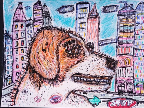 Tableau peinture chien joyeux - tableau,