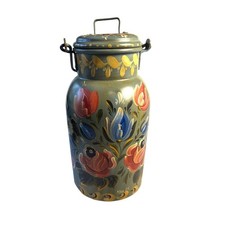 Signed Tole Hand Painted Milk Can w/ Lid Canister Floral Green 1986 Mies