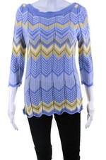 Burgess Womens 3/4 Sleeve Boat Neck Chevron Knit Sweater Blue Yellow Size Medium