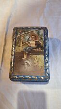 Antique Vintage Child Tin Cookie Box With His Dog Fishing