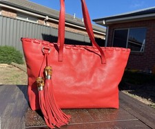 Authentic Gucci Bamboo Tassel Red Pebbled Leather Tote Bag