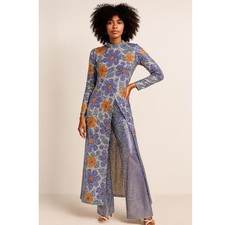 Vintage-Inspired Sequin Maxi Dress Floral 70s Disco  Glam Dress with Side Slits