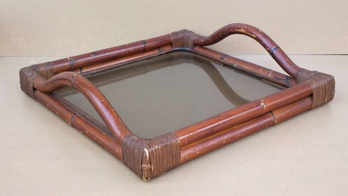Plateau rotin verre fumé