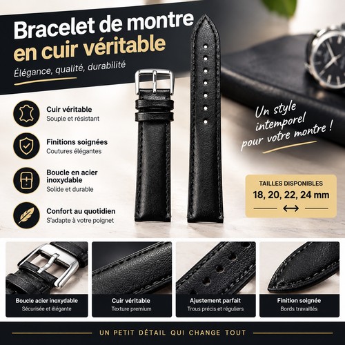 Bracelet montre cuir - montre, noir