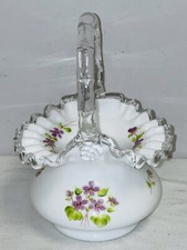 Fenton SILVER CREST VIOLETS IN SNOW 7" CRIMPED BASKET