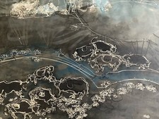 beautiful painting 1970 paper gouache cow in the meadow to identify river field art