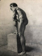 19th Century Drawing Academy Nude Male Academic Pencil Study Men