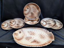 SERVICE A POISSONS, BARBOTINE, FAIENCE SARREGUEMINES, 6 ASSIETTES+GRAND PLAT/TBE