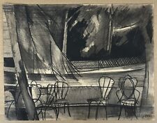 Original Drawing Maurice Genis Landscape Storm Wind Trees Terrace Coffee Chairs
