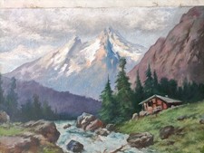 TABLEAU ANCIEN PAYSAGE  MONTAGNE SIGNÉ L DACQUET LES ALPES PYRÉNÉES ? 1950 61x46