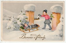FANCY Card - Old Postcard - Children - Happy New Year - Winter Snow SLEDGE
