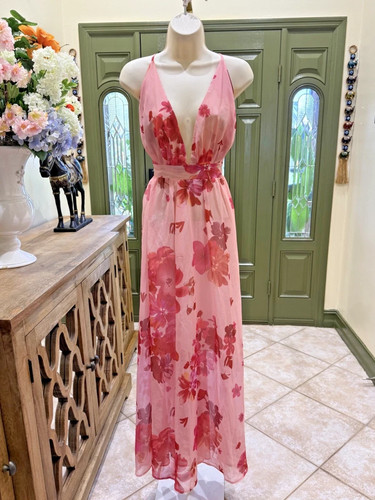 Pink floral deep maxi dress - floral, v