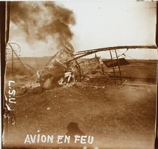 FRANCE Airplane on Fire War 14-18 Photo Stereo Glass Plate VR12h