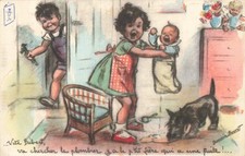 ILLUSTRATED POSTCARD GERMAINE BOURET "QUICK BEBERT WILL SEEK THE PLUMBER"