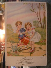 Old postcard fantasy illustrator child garden watering flower