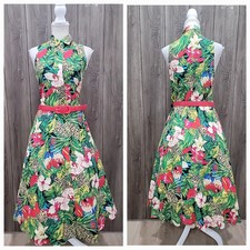 VTG 80s Carol Anderson Tropical Parot Dress Floral Sleeveless Hawaiian A-Line 