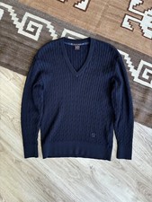 Paul & Shark Knitted Wool Men’s Cable Knit Navy Blue V Neck Sweater Size M