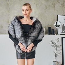 Elegant Women Real Silver Fox Fur Poncho Warm Long Cloak Cape Wrap Shrug Scarves