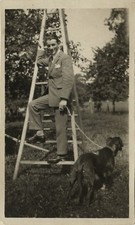 ANTIQUE PHOTO - VINTAGE SNAPSHOT - CURIOSITY SCALE DOG GAG - LADDER DOG FUN