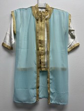 Boy's Moroccan 3pc Jabador Kids Thobe Set Jubbah Bisht Djellaba Gold/Teal Size 4