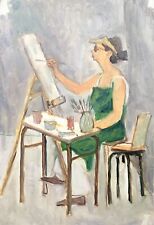 Vintage painting portrait woman painter artist easel c.1980
