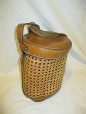 Vintage 60s Ancienne PETITE SACOCHE CYLINDRIQUE en CUIR et CANNAGE 20x13cm Étui