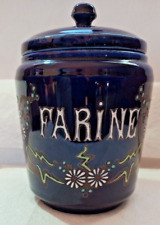 old blue enameled ceramic spice flour jar floral enamels no Longwy 16.5cm